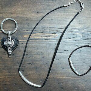 Brighton GLASTONBURY Silver Scrolled Bar Mesh Necklace and Bracelet + Key Chain